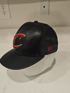 New Era Black Faux Leather Snapback Hat with Red & Gold 'C' Logo